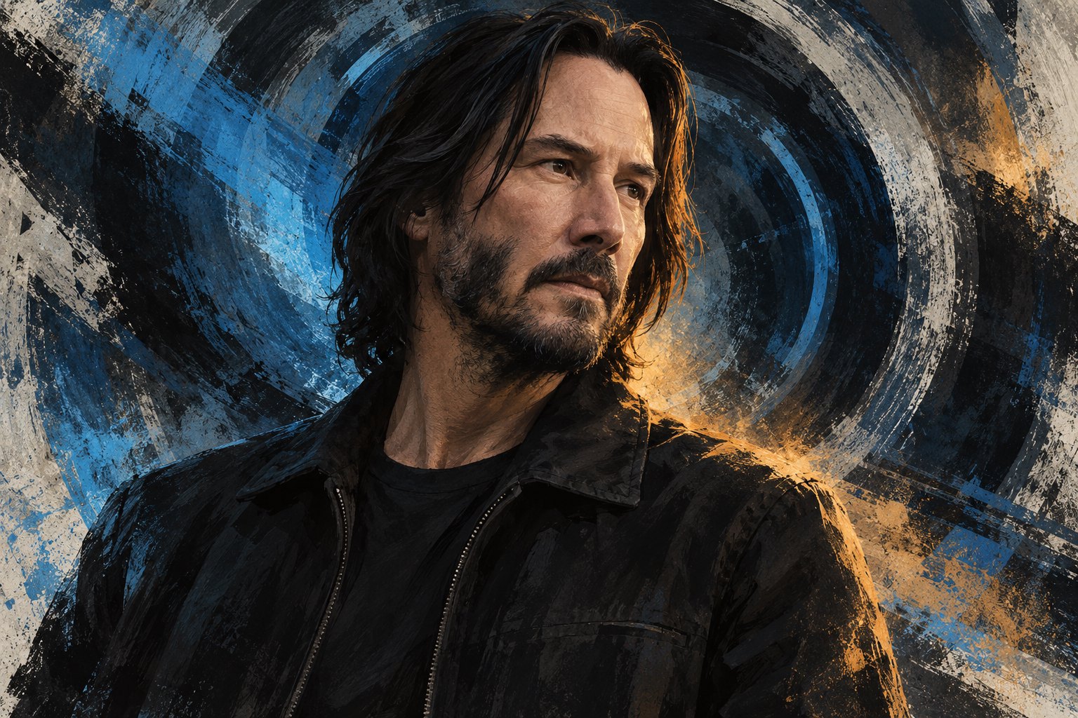 Editorial illustration of Keanu Reeves in a dark jacket against swirling blue and charcoal brushwork.