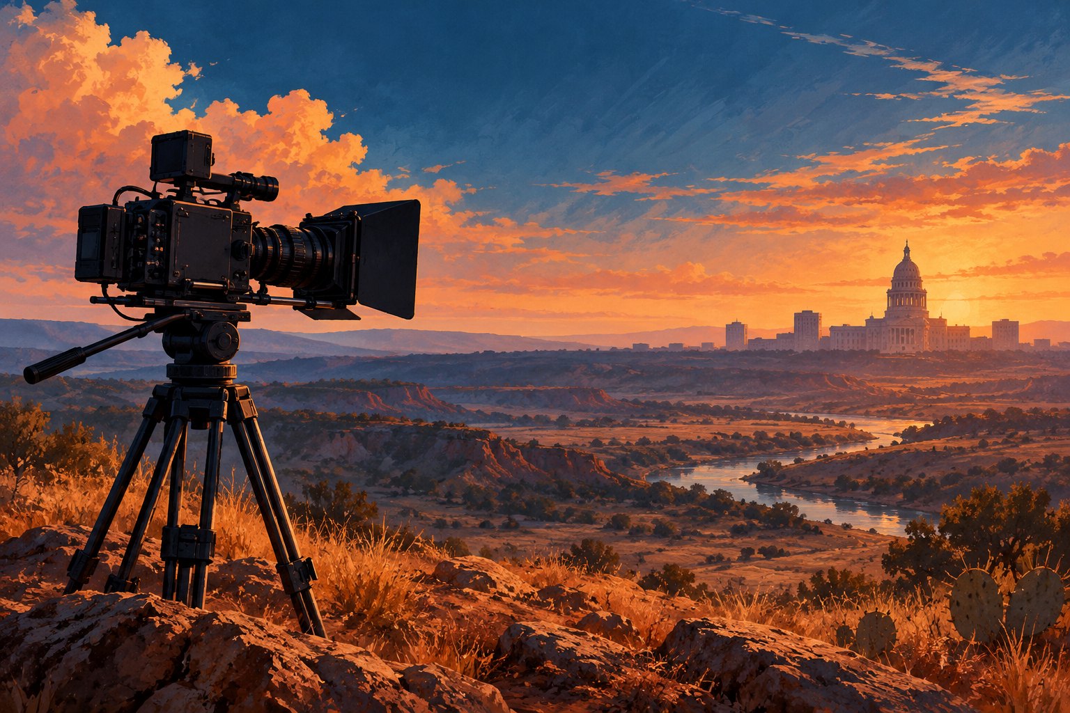 Conceptual illustration of a movie camera in a Texas-inspired landscape with a distant statehouse silhouette.