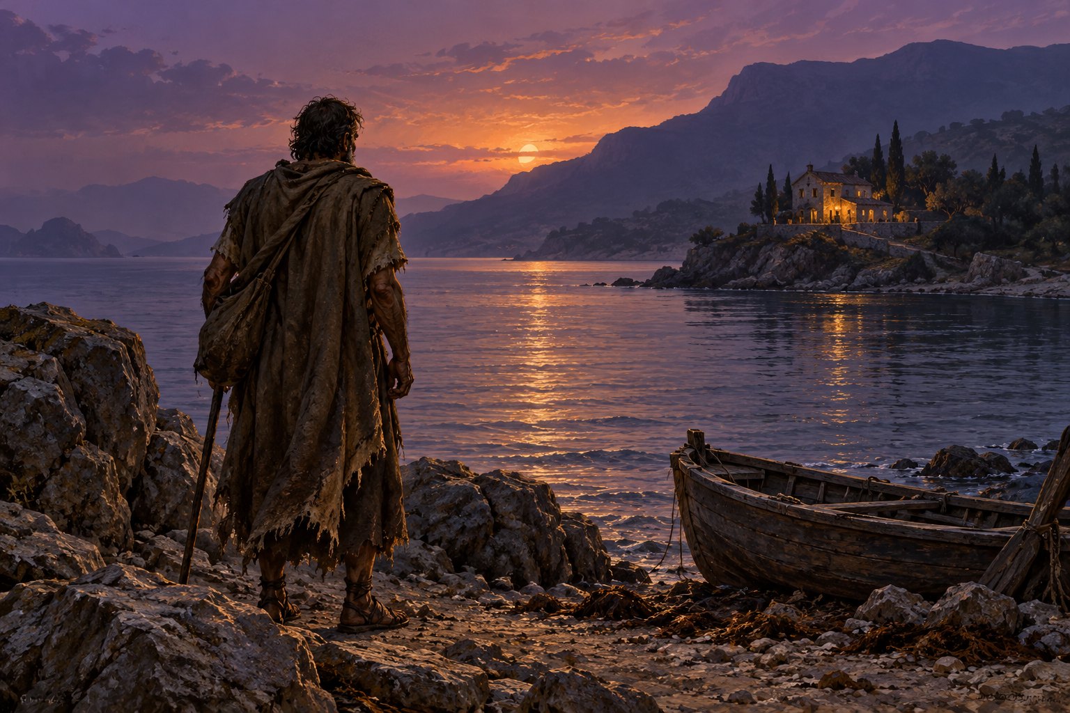 Conceptual illustration of a weary voyager beside a wooden boat, looking across the water toward a lamplit house at dusk.