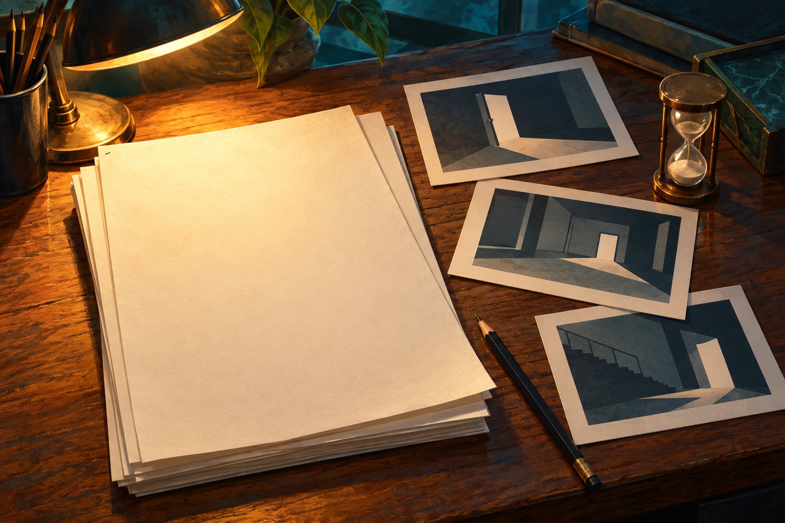 Conceptual illustration of blank screenplay pages, doorway storyboard cards, a pencil, and an hourglass on a warmly lit desk.