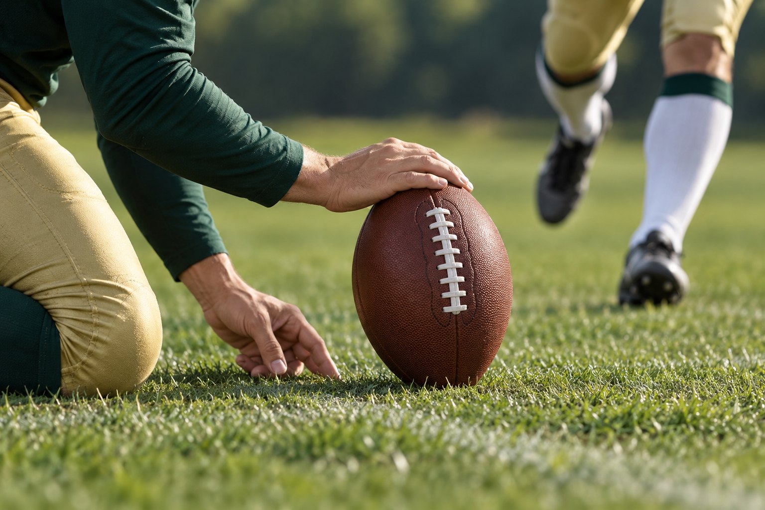 Editorial illustration showing a holder steadying an upright football on the grass as a kicker approaches.