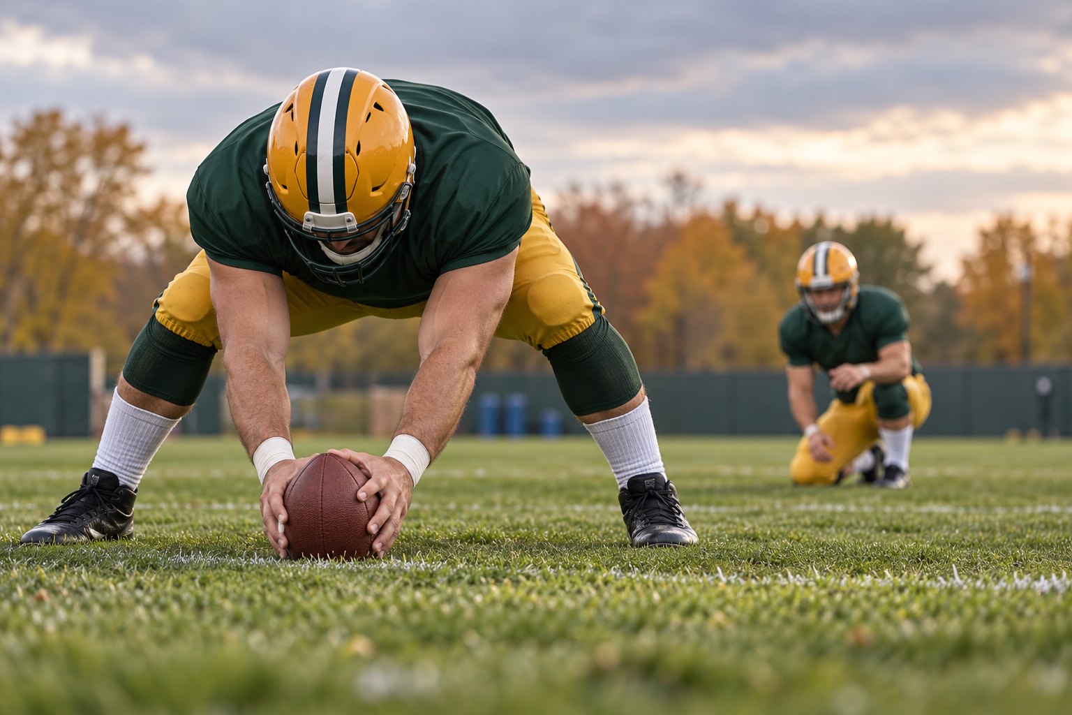 Editorial illustration of a football long snapper in green and gold preparing to snap toward a kneeling holder.