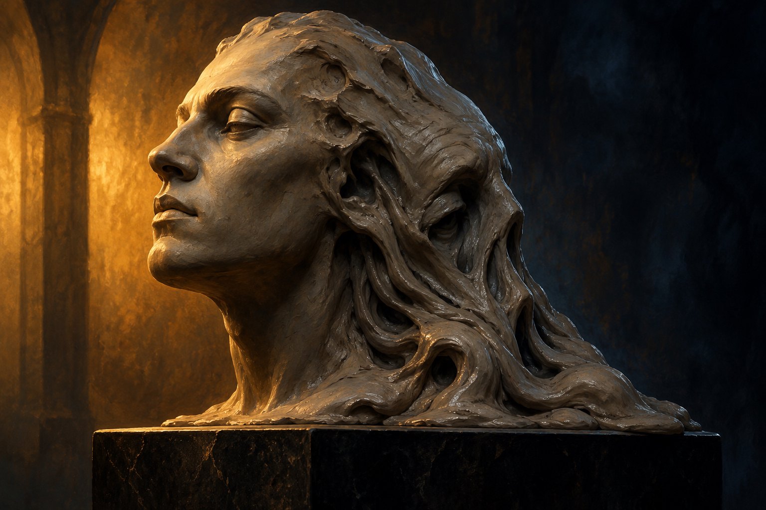 Conceptual illustration of a gray clay head with one side collapsing into soft folds under dramatic lighting.