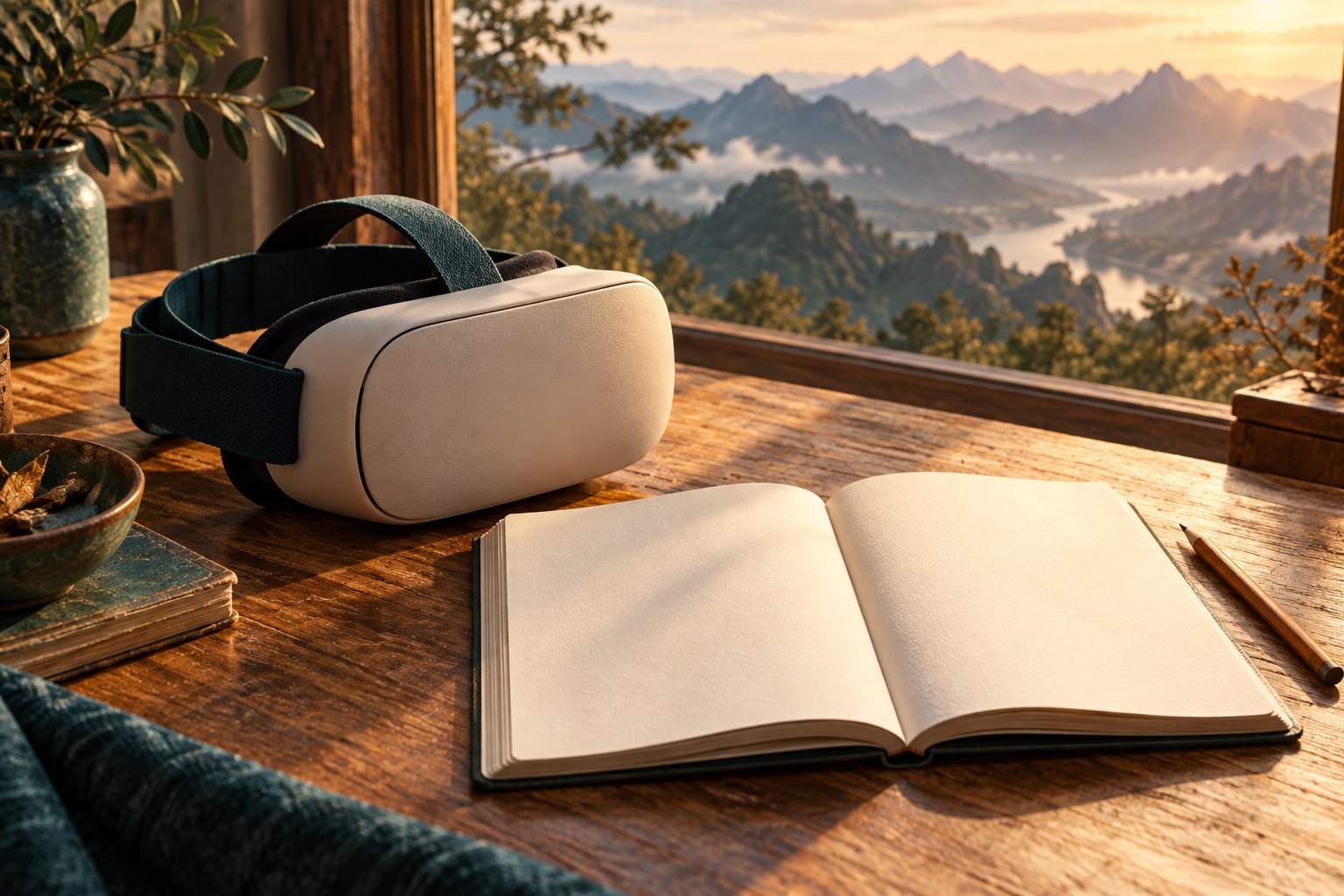 窗边木桌上的VR头显、空白笔记本与铅笔,表现观影后思考的概念插画