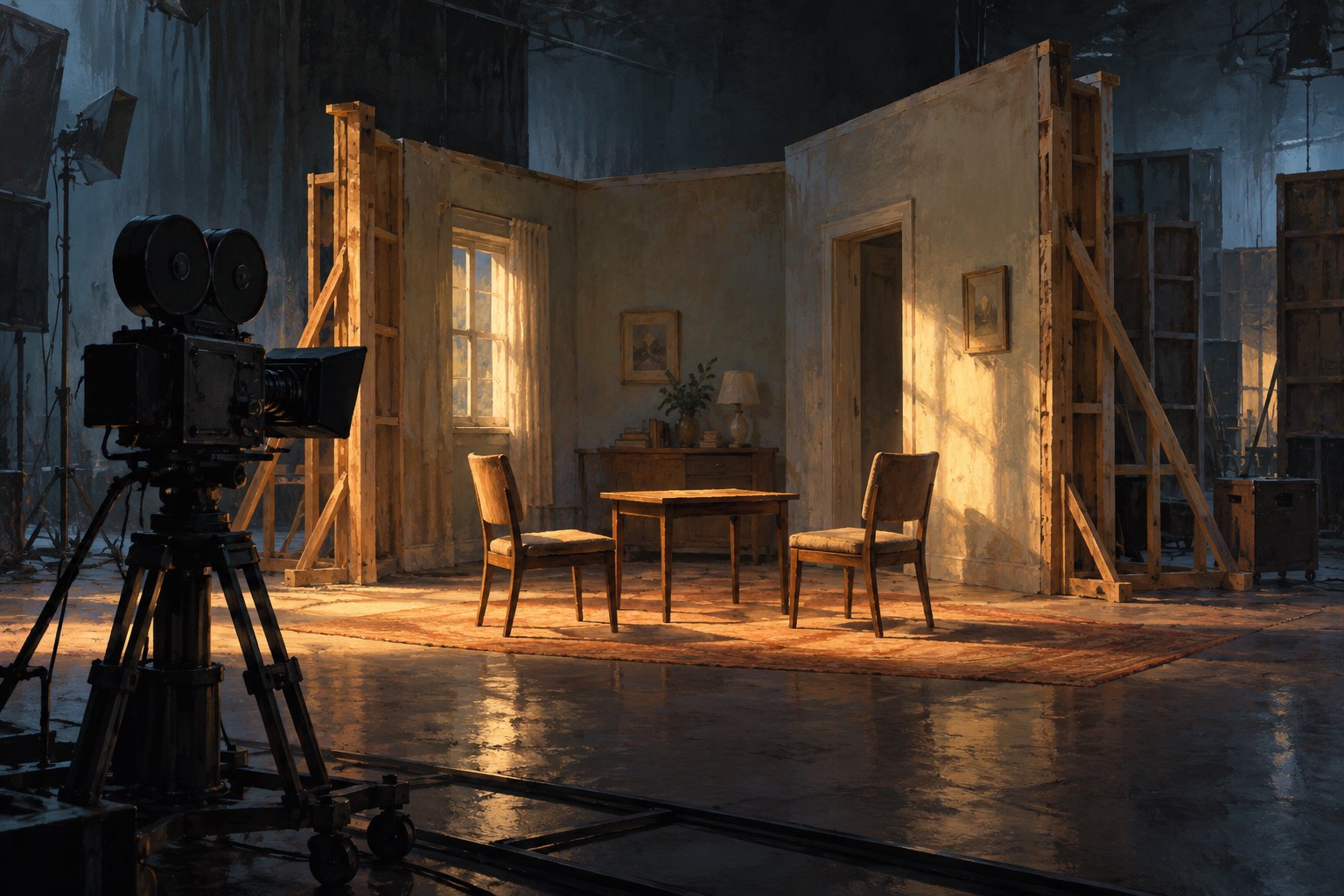 Conceptual illustration of two empty chairs and a camera on an unfinished film set, suggesting the reconstruction of a conversation.