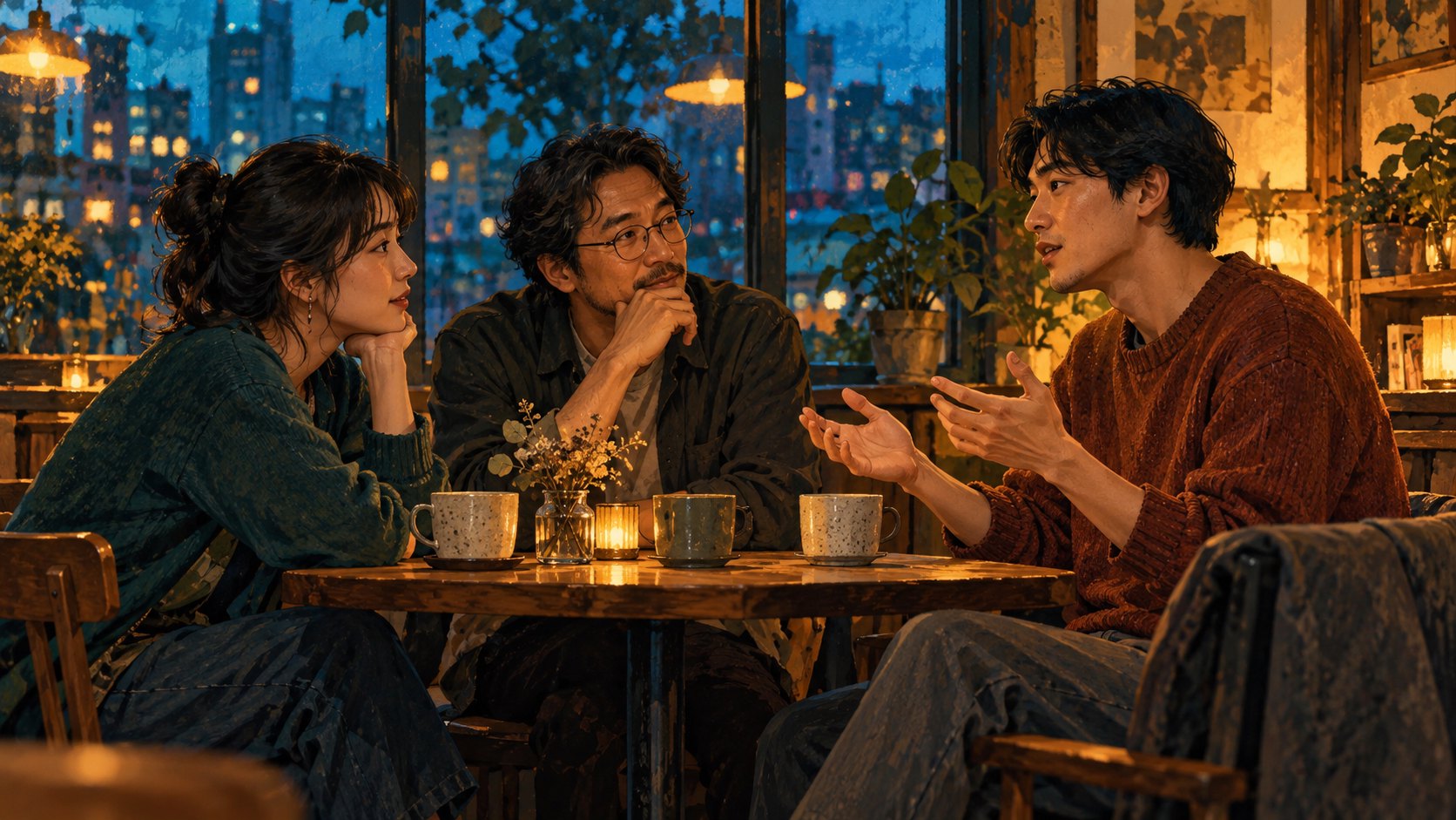 三名觀眾在夜晚的咖啡桌旁交流觀影感受,呈現散場後討論的概念情境