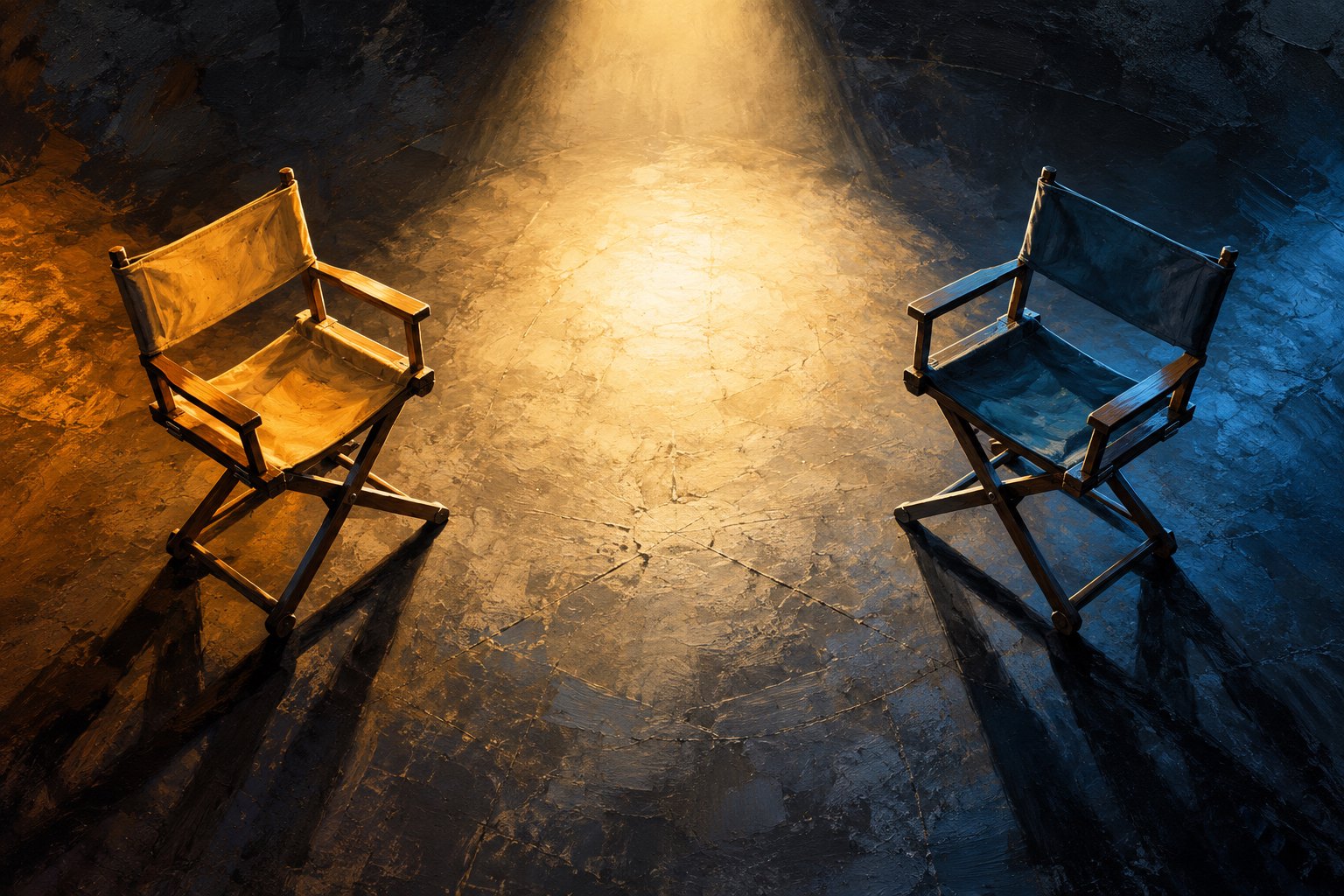 Conceptual illustration of two empty actor chairs under contrasting amber and blue studio lighting.