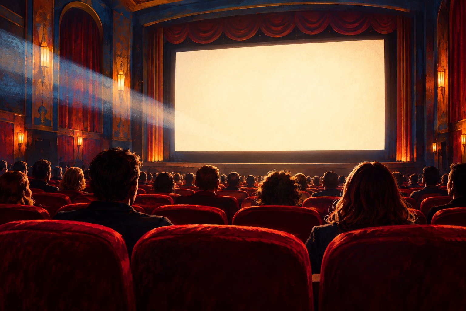 Painterly illustration of an audience seated in a warmly lit cinema facing a luminous blank screen.