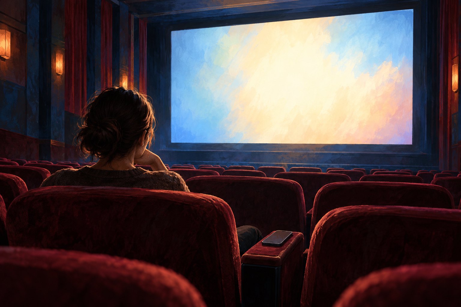 Painterly illustration of a lone viewer facing a glowing movie screen among burgundy theater seats.