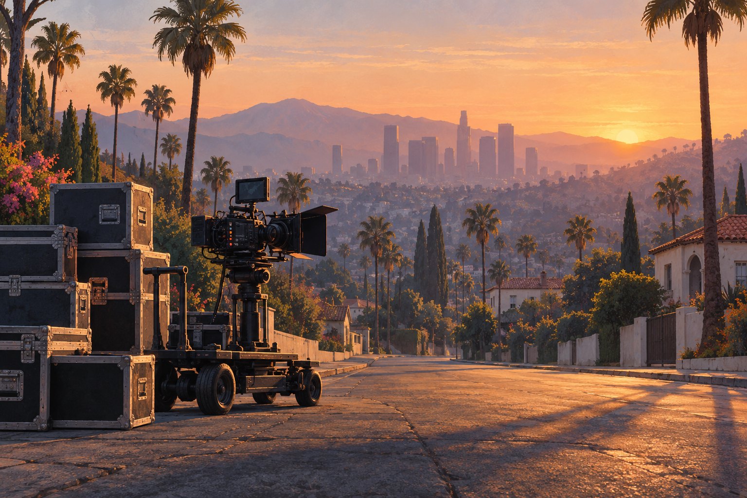 Editorial illustration of an idle cinema camera and equipment cases on a quiet, palm-lined Los Angeles street at sunrise.