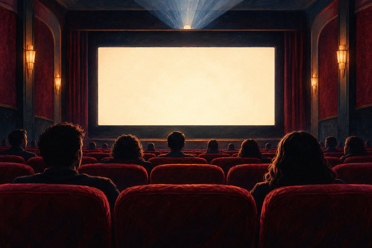 Conceptual illustration of moviegoers seated in a burgundy cinema facing a glowing blank screen.