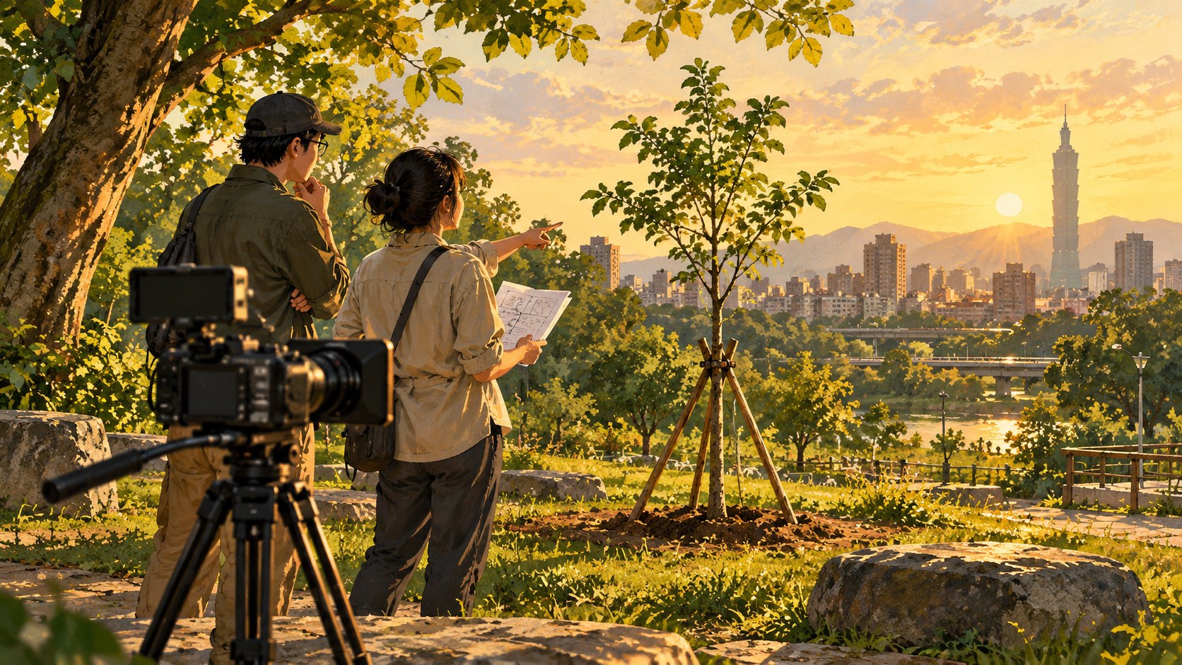 植樹短片拍攝構想示意:攝影機架在都市公園,創作者觀察樹苗與周遭環境