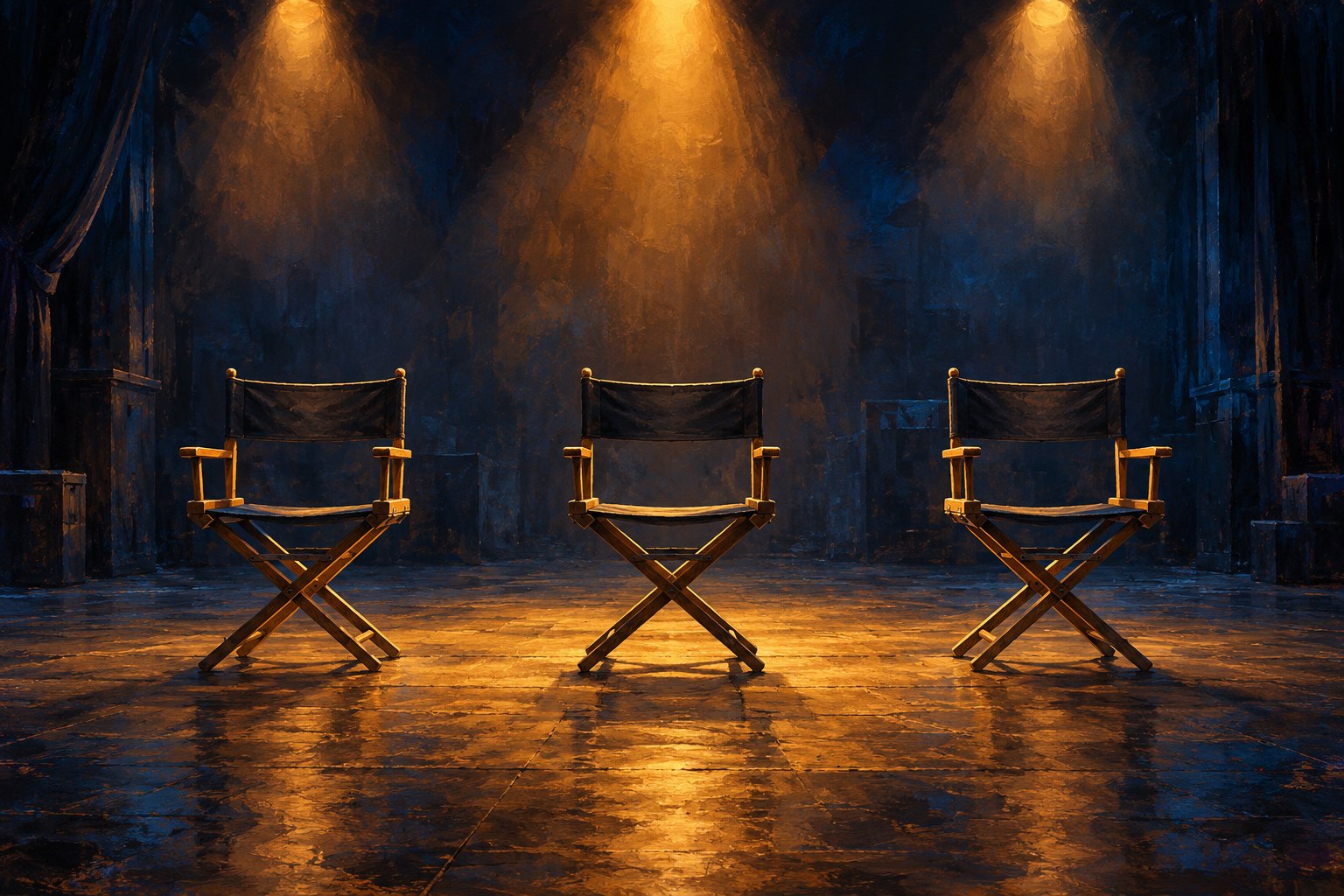 Conceptual illustration of three empty actor chairs beneath amber spotlights on a dark blue stage.