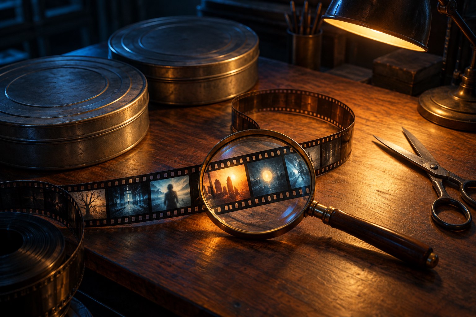 A magnifying glass rests over a film strip beside metal canisters and scissors on a warmly lit editing desk.