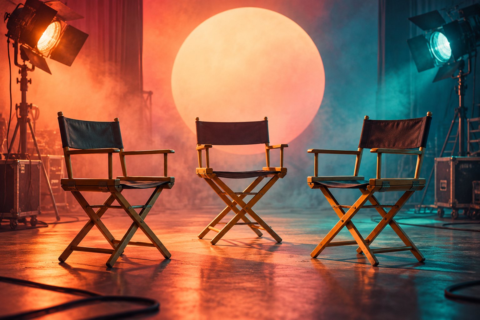 Conceptual illustration of three empty director chairs beneath a circular light on a soundstage lit in coral and teal.