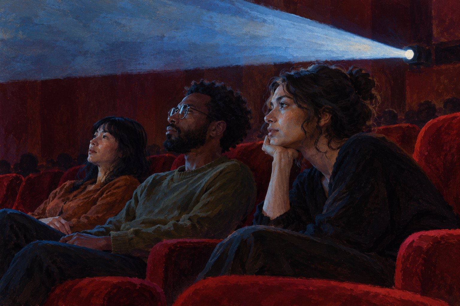 Conceptual illustration of three attentive cinema spectators in red seats beneath a projector beam.