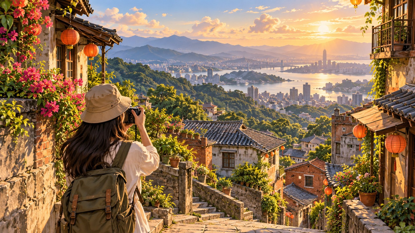 旅人拿著相機記錄山城巷弄與遠方城市風景,為影視場景巡禮概念插畫,非活動指定地點