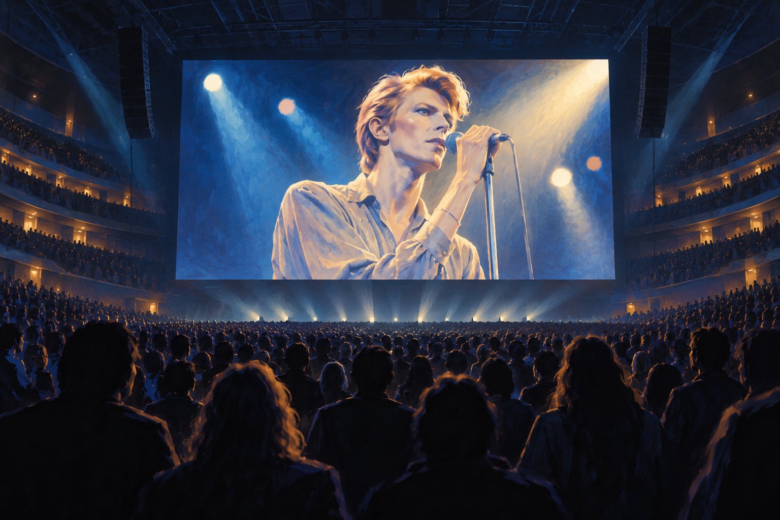 Conceptual illustration of an arena audience watching David Bowie sing on a giant screen under blue and golden light.