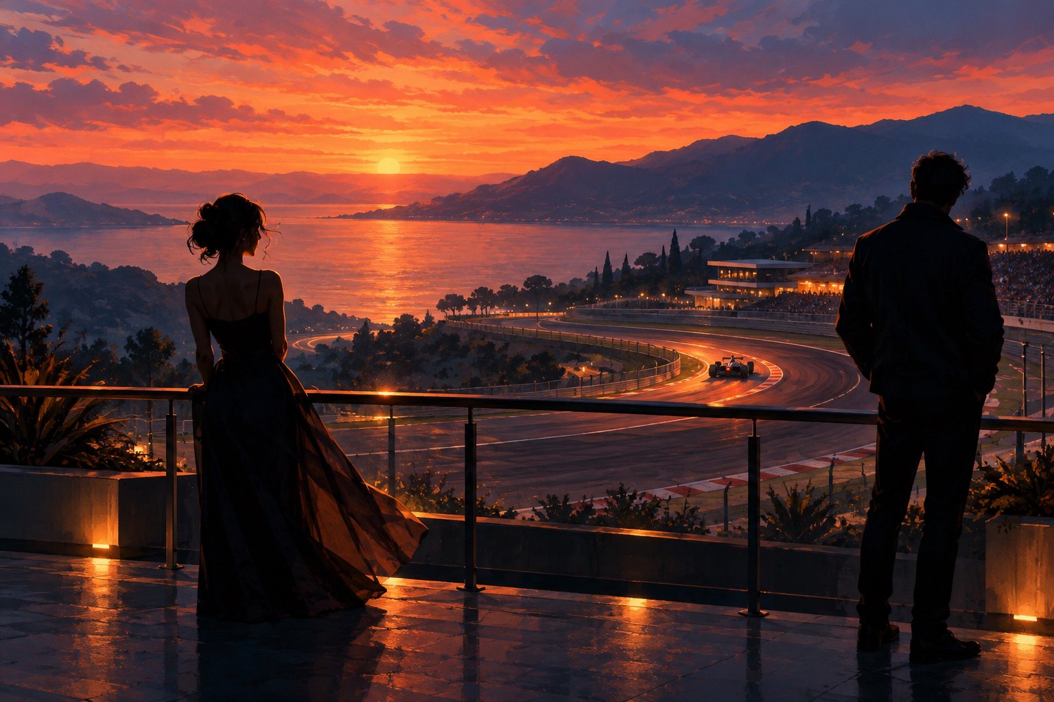 Conceptual illustration of two silhouettes overlooking a sweeping racetrack at sunset.
