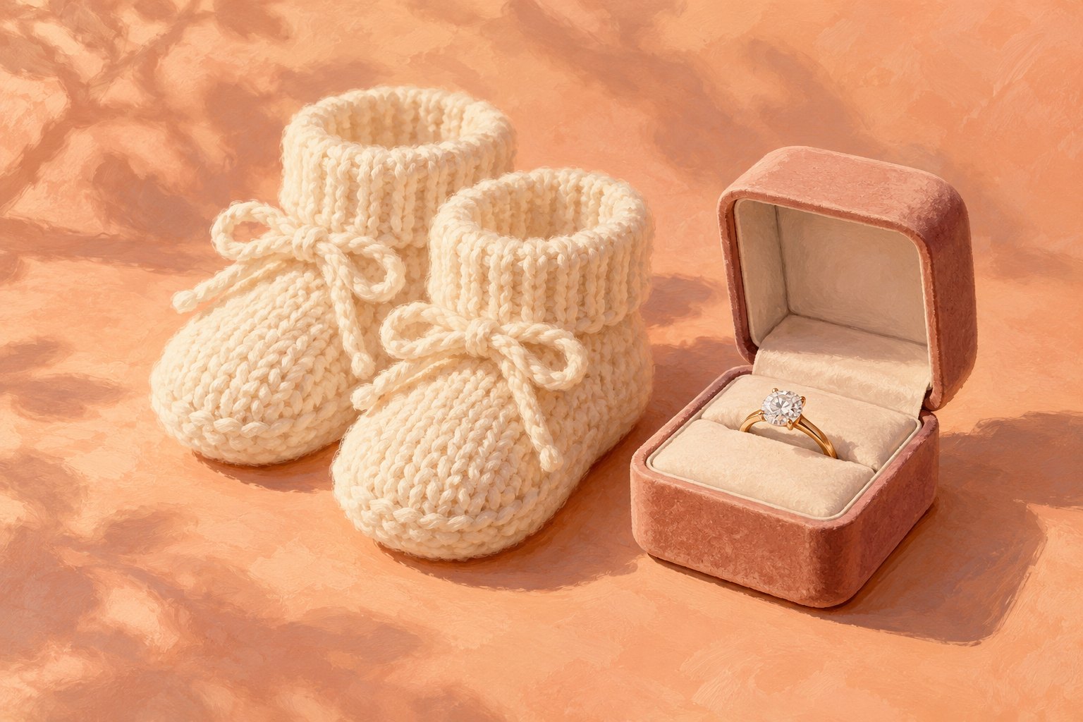 Symbolic illustration of cream knitted baby booties beside an open peach-colored engagement ring box.