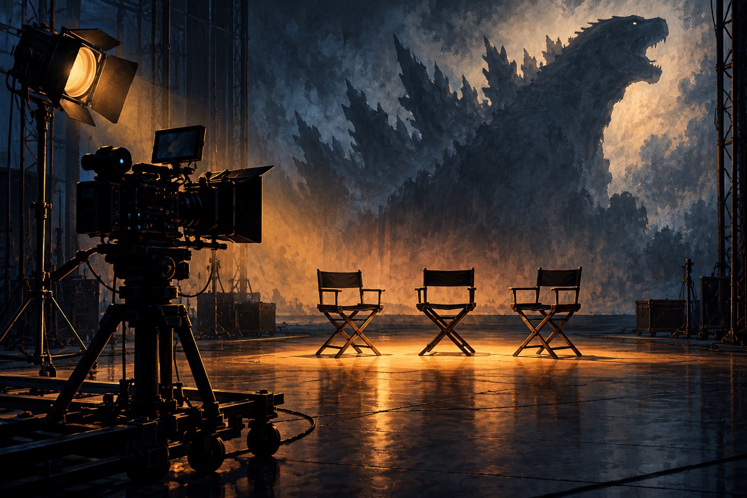 Conceptual illustration of a film camera and three empty chairs beneath a towering creature-shaped shadow on a soundstage.