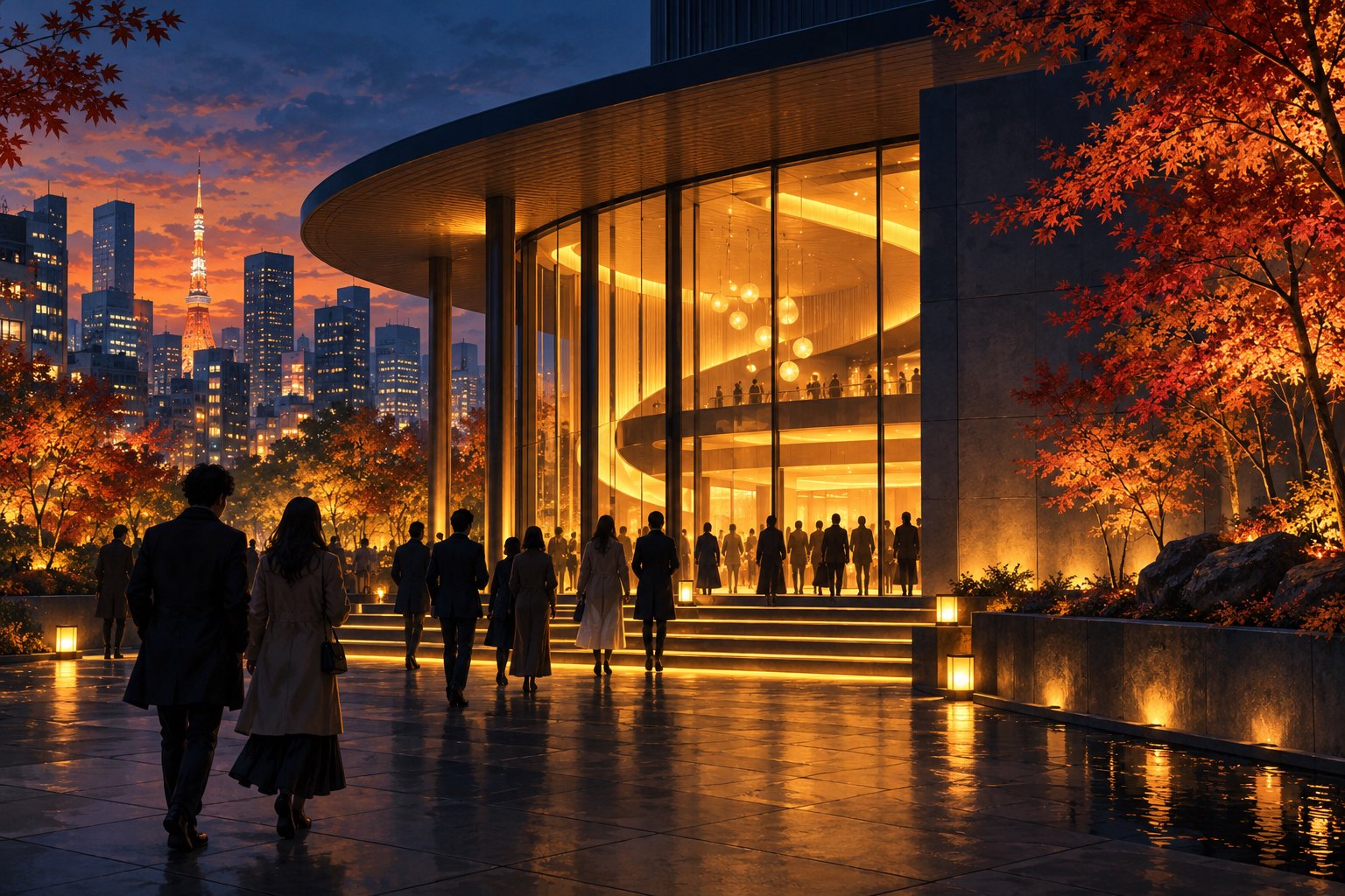 Illustration of moviegoers approaching an imagined Tokyo cinema beneath autumn trees at dusk.