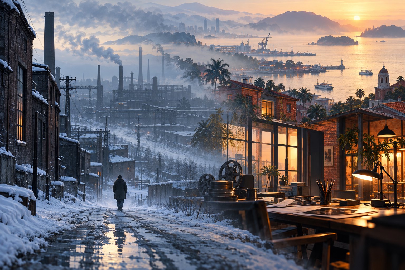 北方积雪工业街区与南方港湾暖灯交融的原创概念插画,非电影剧照