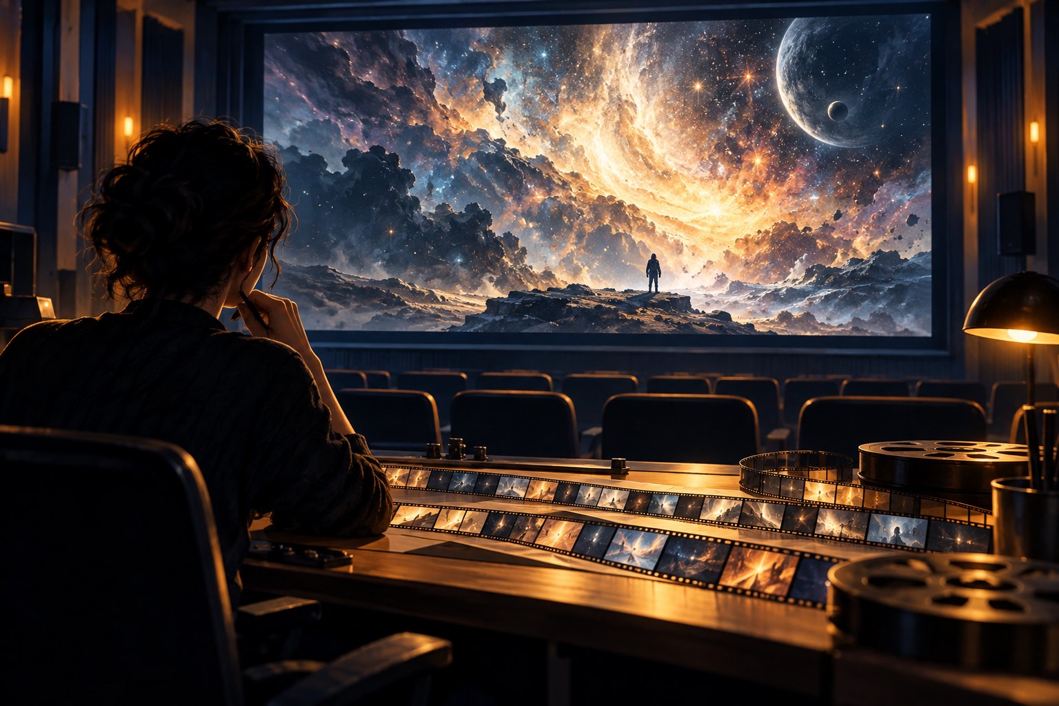 暗色放映室里,一位剪辑师面对铺有胶片的工作台,观看银幕上的宇宙景观与人物背影