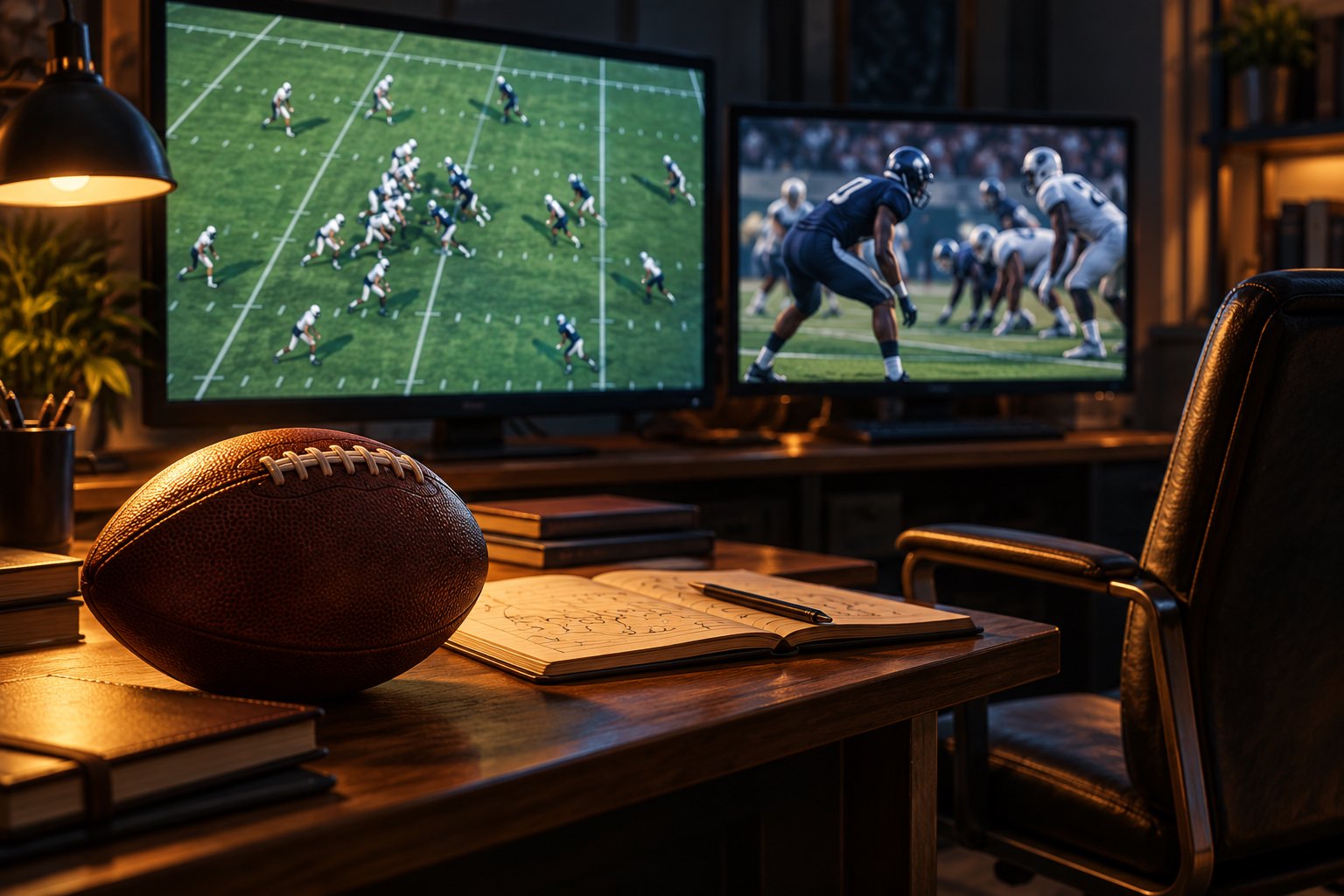 Conceptual illustration of a football study room with a ball on a desk and two screens showing different field perspectives.