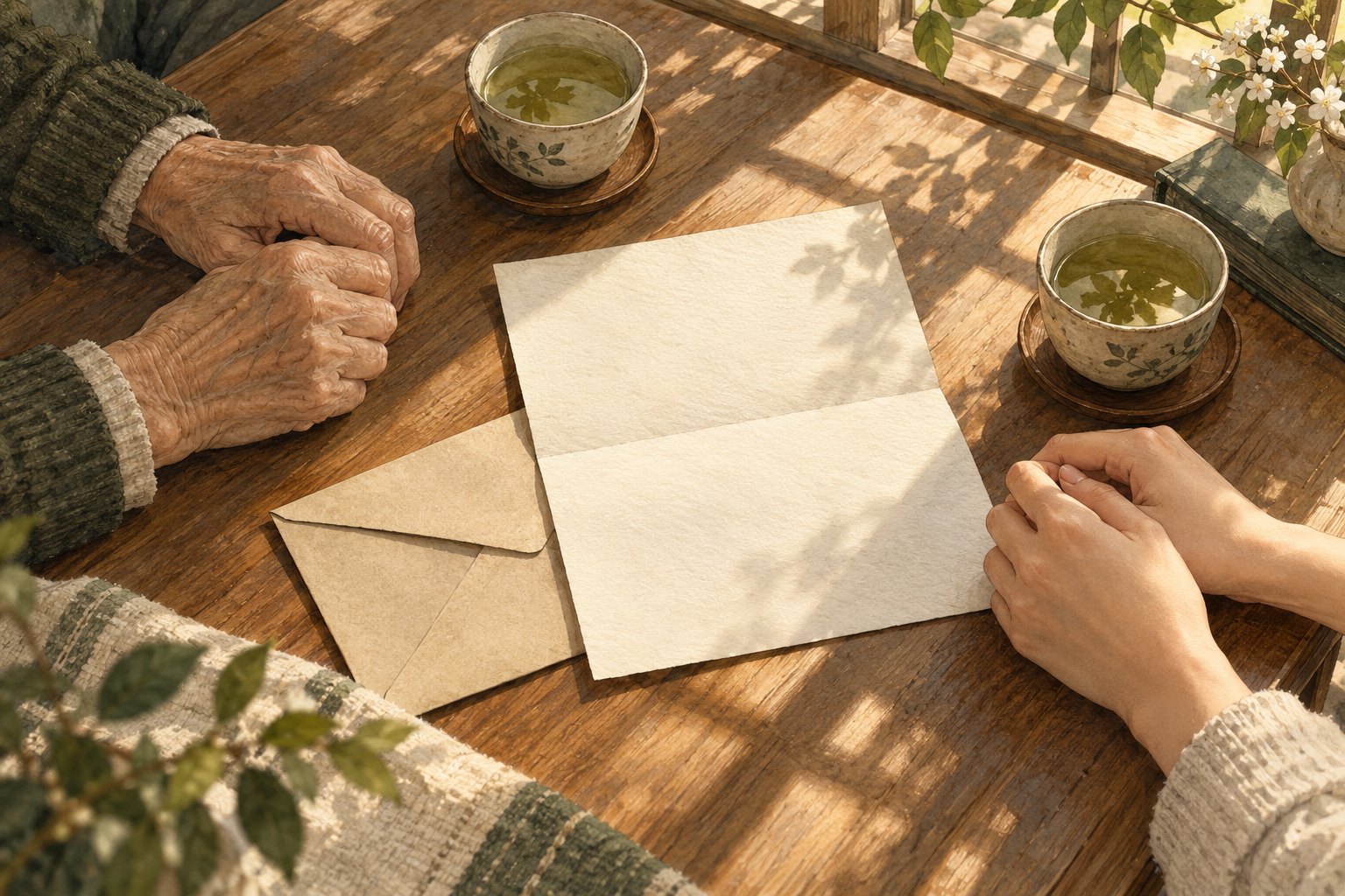 长者与年轻人的双手围着信纸和茶杯,表现代际交流的原创概念插画,并非电影剧照