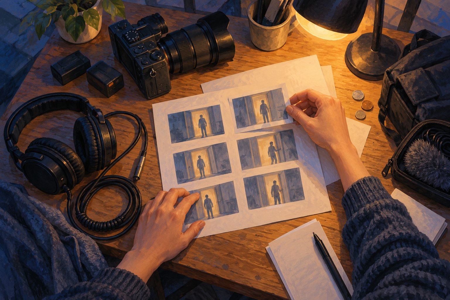 Editorial illustration of hands reviewing a storyboard beside a camera, headphones, batteries, and coins on a lamplit desk.