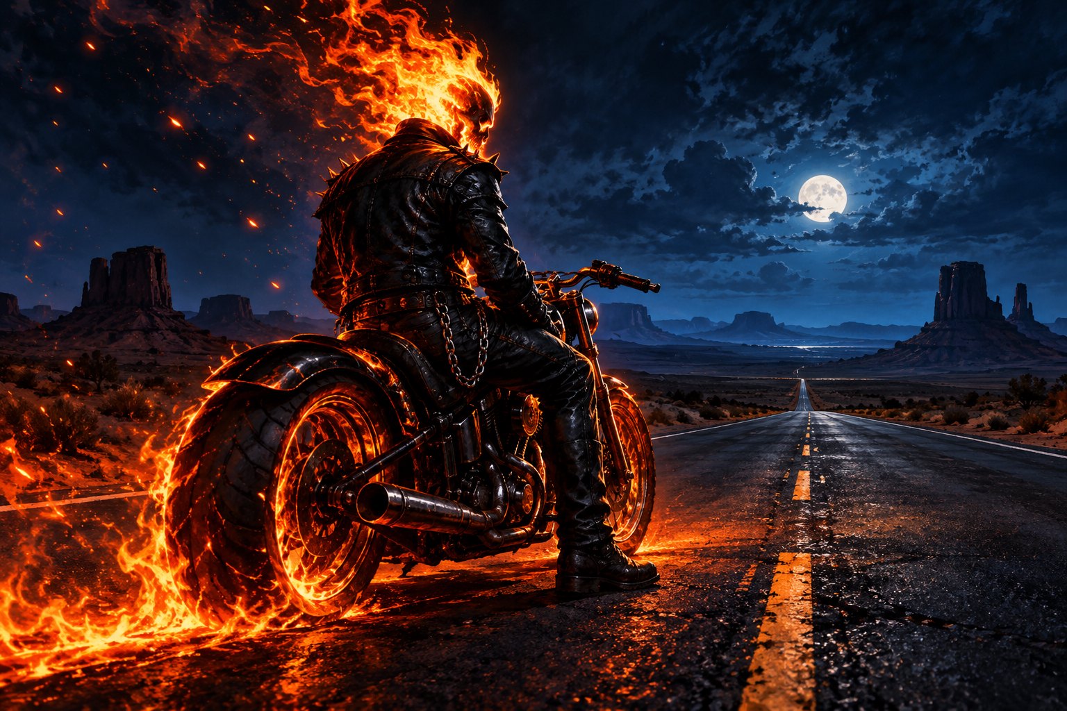 Concept illustration of a flaming skeletal motorcyclist overlooking a moonlit desert highway.