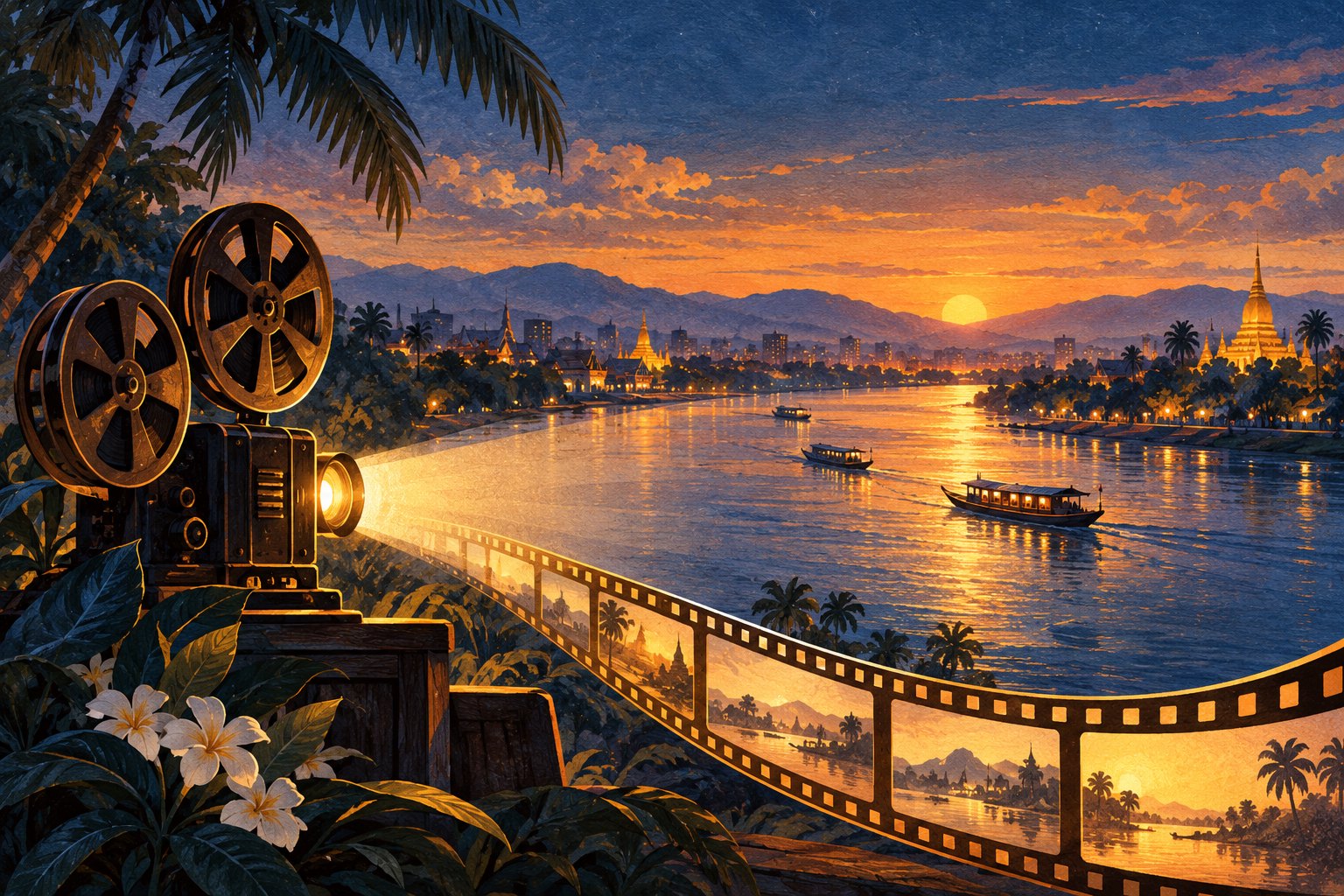 暮色河畔的放映机与蜿蜒胶片交相辉映,呈现澜湄电影交流意象的主题插画