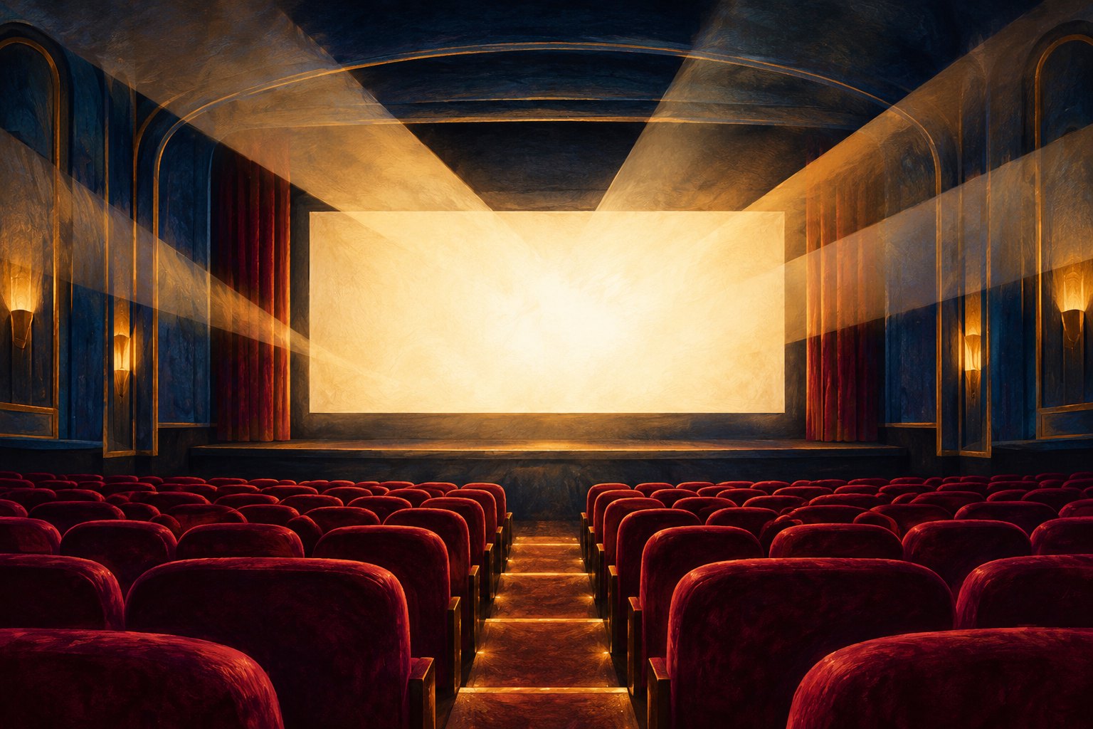 Painterly illustration of a cinema auditorium with burgundy seats and golden light illuminating a blank screen.