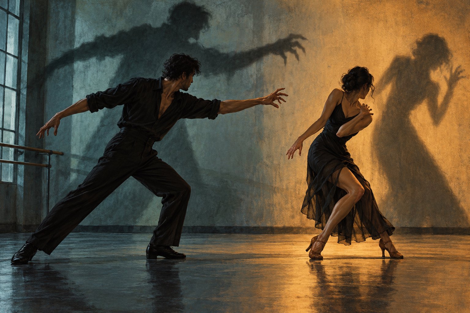 Conceptual illustration of two dancers reaching and recoiling in a rehearsal studio beneath elongated shadows.