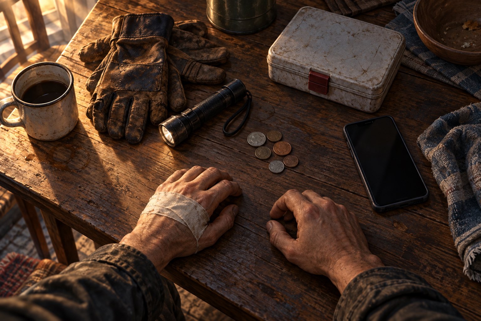 Conceptual illustration of bandaged hands beside work gloves, loose coins, a flashlight, a phone, and a first-aid box on a worn table.