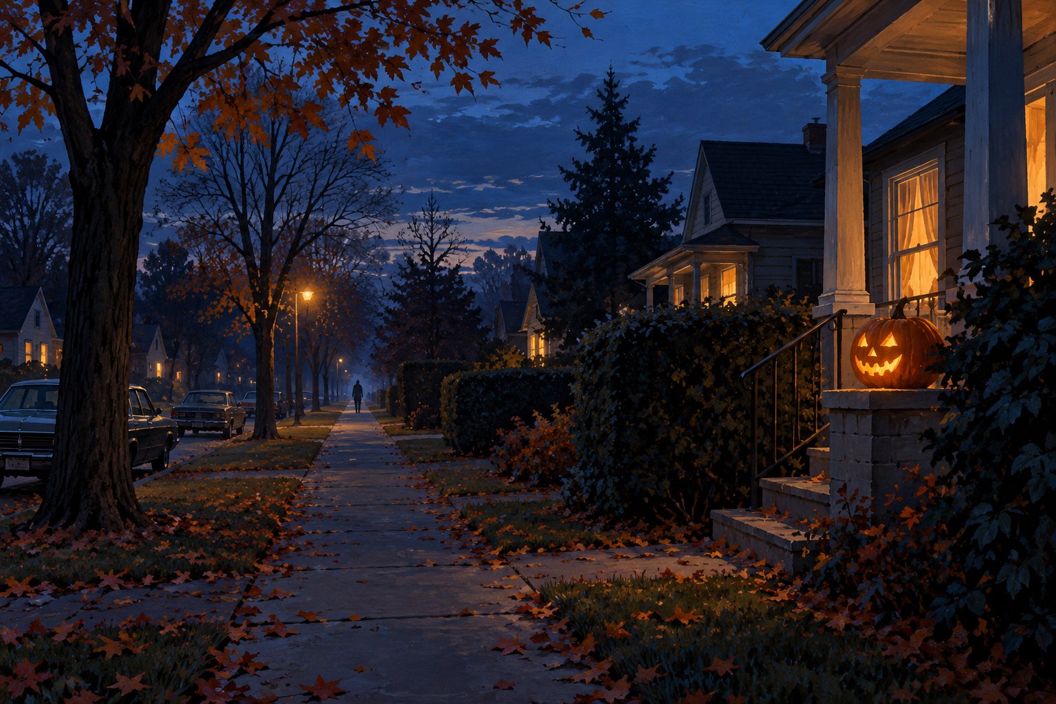 Painterly illustration of a suburban street at dusk, with a glowing jack-o’-lantern, autumn foliage, and a distant human silhouette.