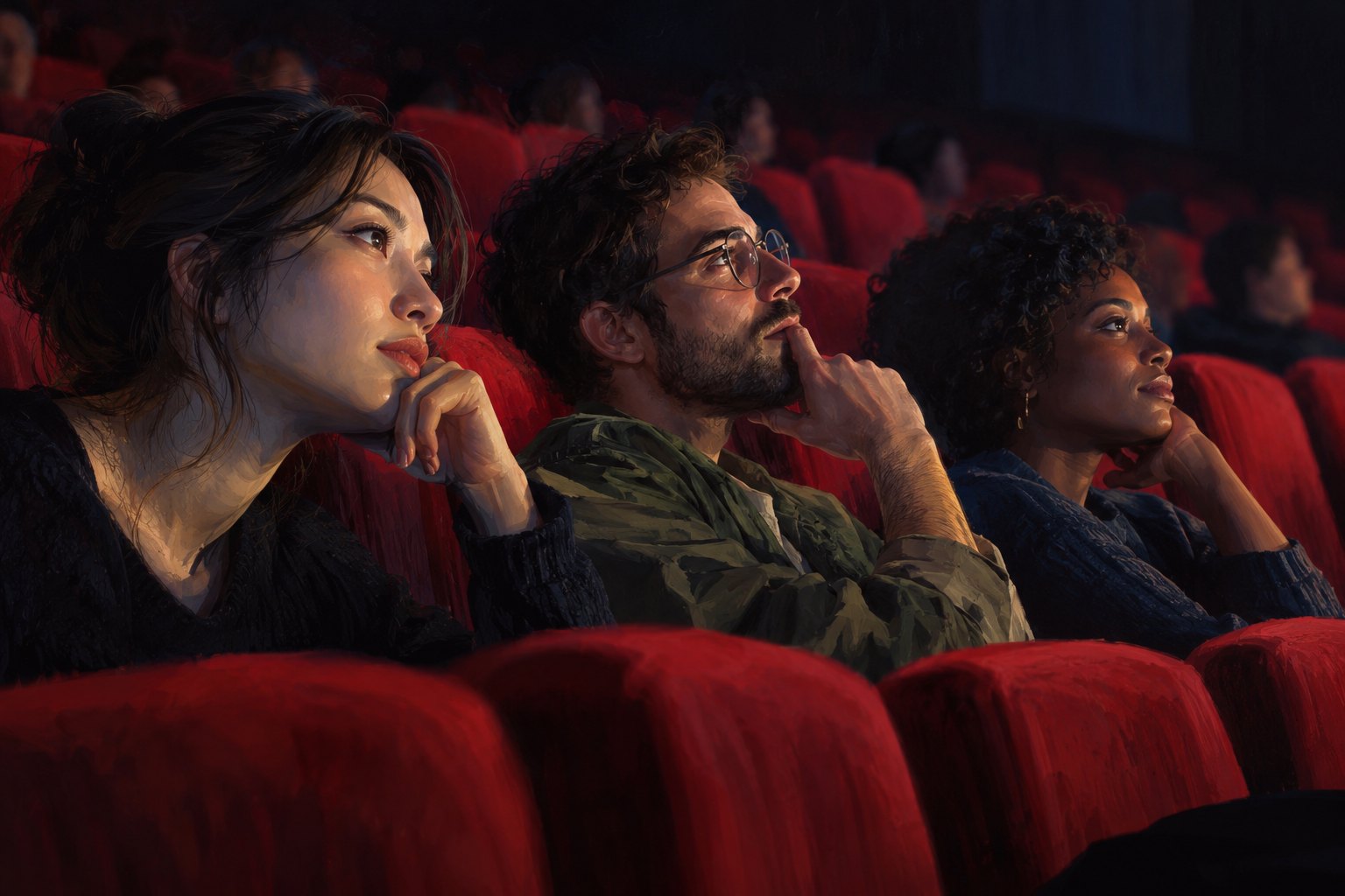 Painterly illustration of three attentive moviegoers illuminated by an unseen screen in a red-seated theater.