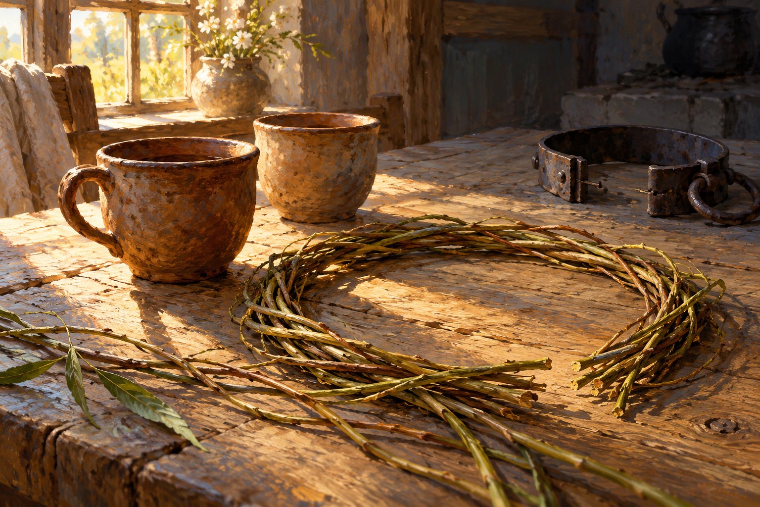 Conceptual illustration of two clay cups, an open willow circle, and an unfastened iron collar on a sunlit wooden table.
