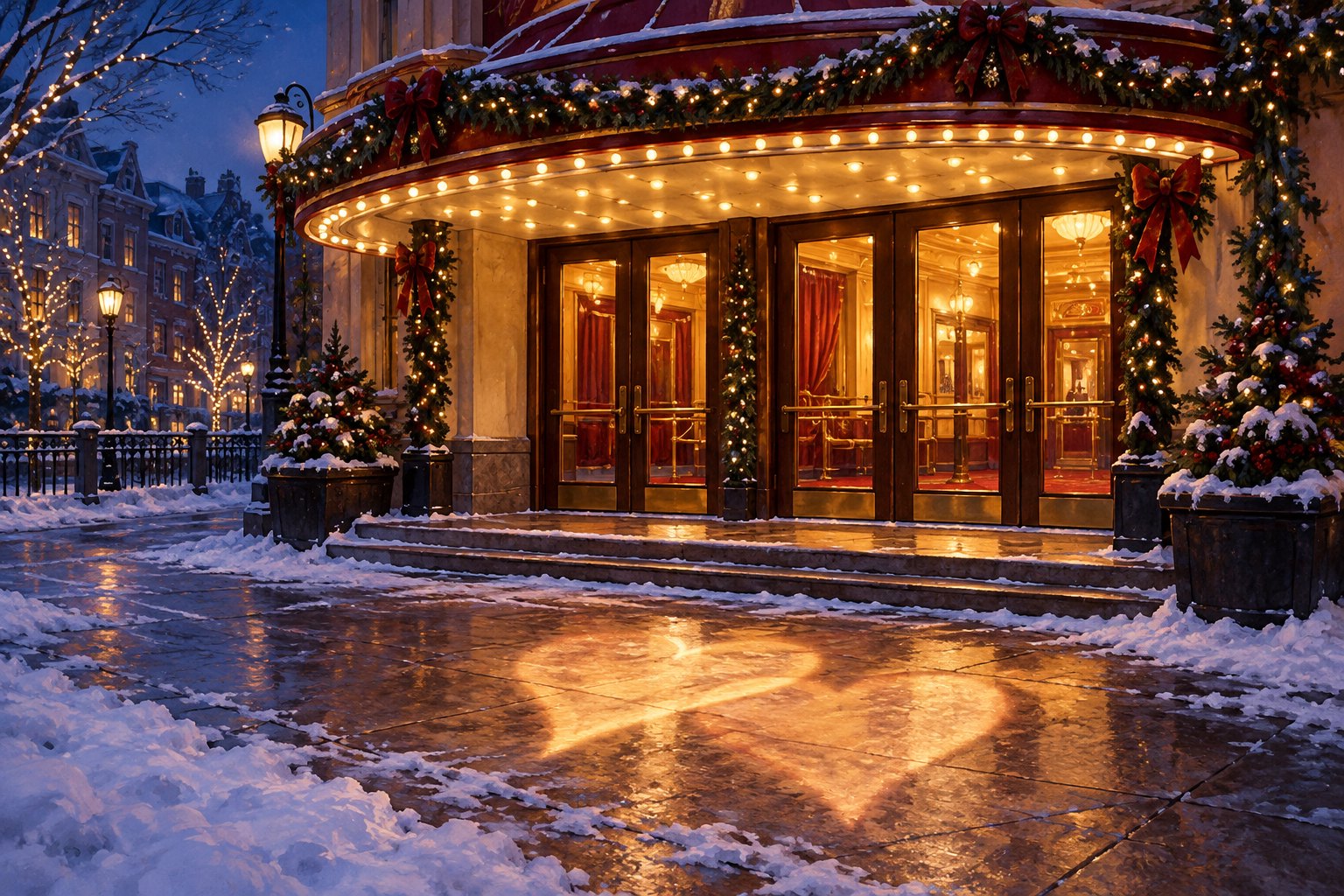 Conceptual illustration of a warmly lit cinema entrance decorated with evergreen garlands beside a snowy street at dusk.