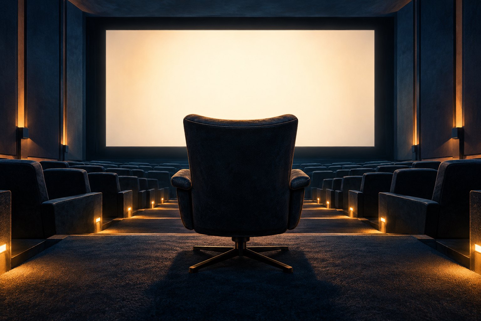 An empty executive chair faces a glowing blank screen in a dimly lit screening room.