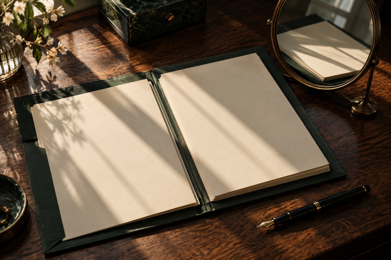 Blank manuscript pages lie beside a fountain pen and a round mirror on a wooden desk crossed by window shadows.