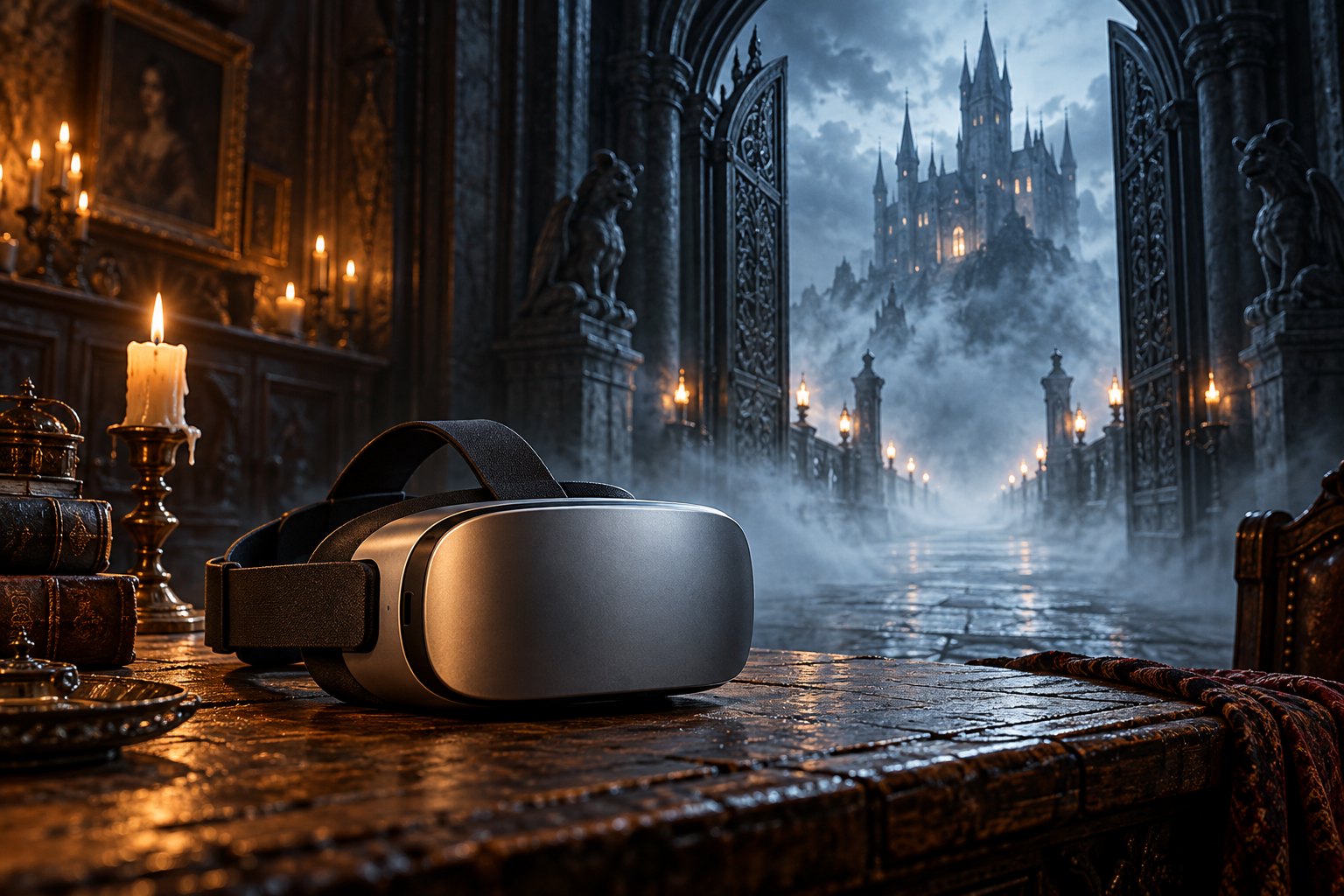 Conceptual illustration of an unbranded viewing headset on a wooden table before a misty Gothic doorway.