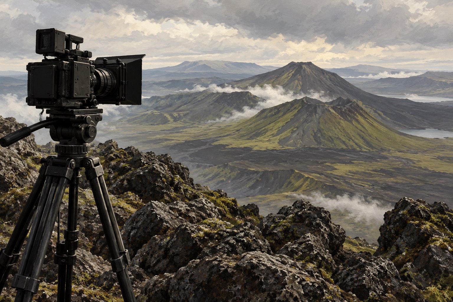 Conceptual illustration of a cinema camera overlooking an imagined volcanic landscape, not a production still.
