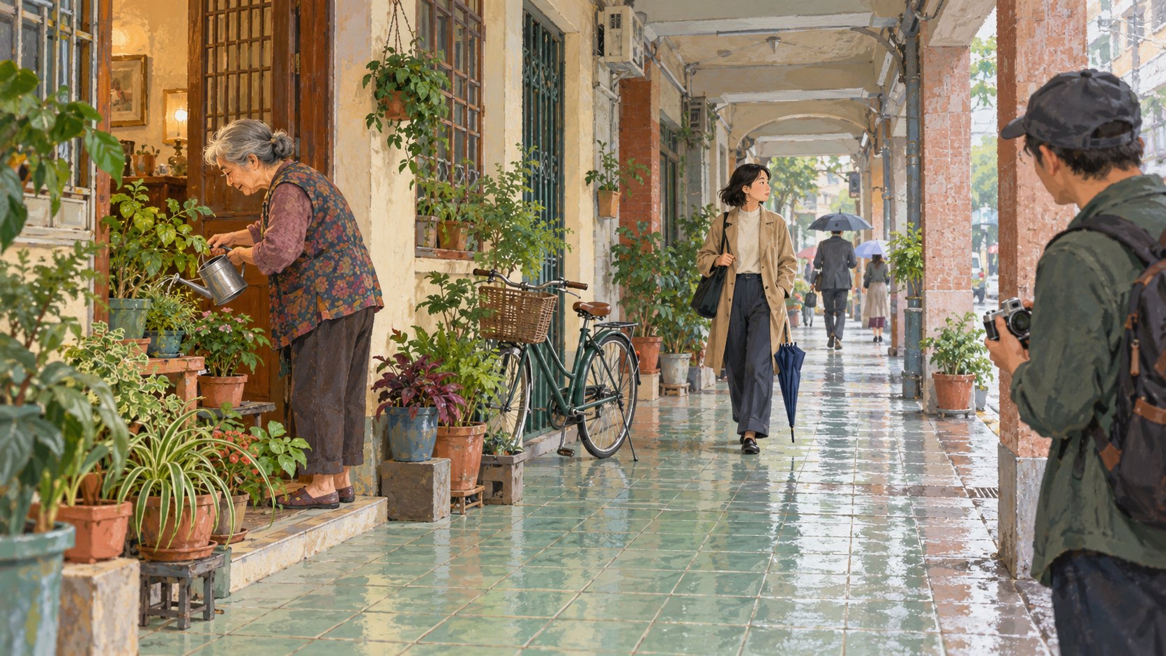 雨後騎樓裡居民照顧盆栽、行人通行,攝影者在一旁放低相機的街區生活概念插畫