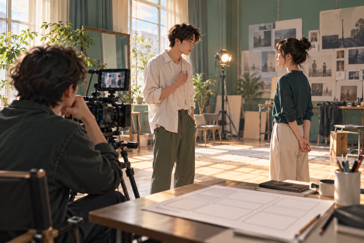 表演训练主题插画:两名年轻演员在工作室排练,导演在摄影机旁观察
