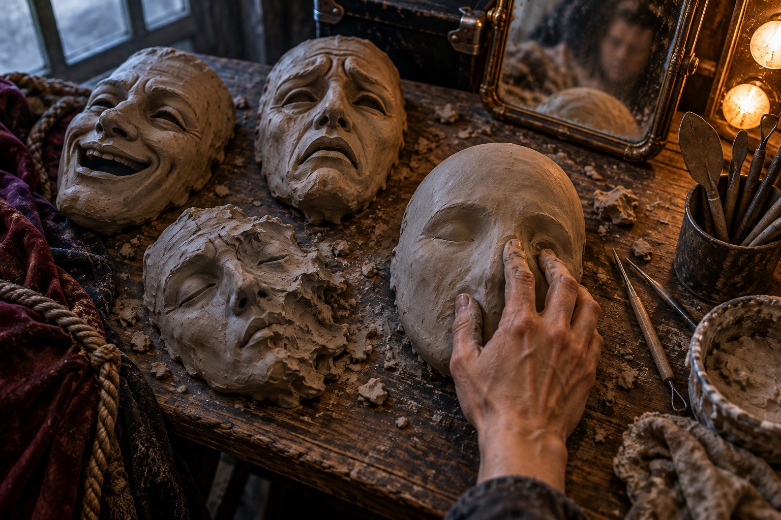 Conceptual illustration of a hand shaping a blank clay face beside theatrical masks on a backstage worktable.