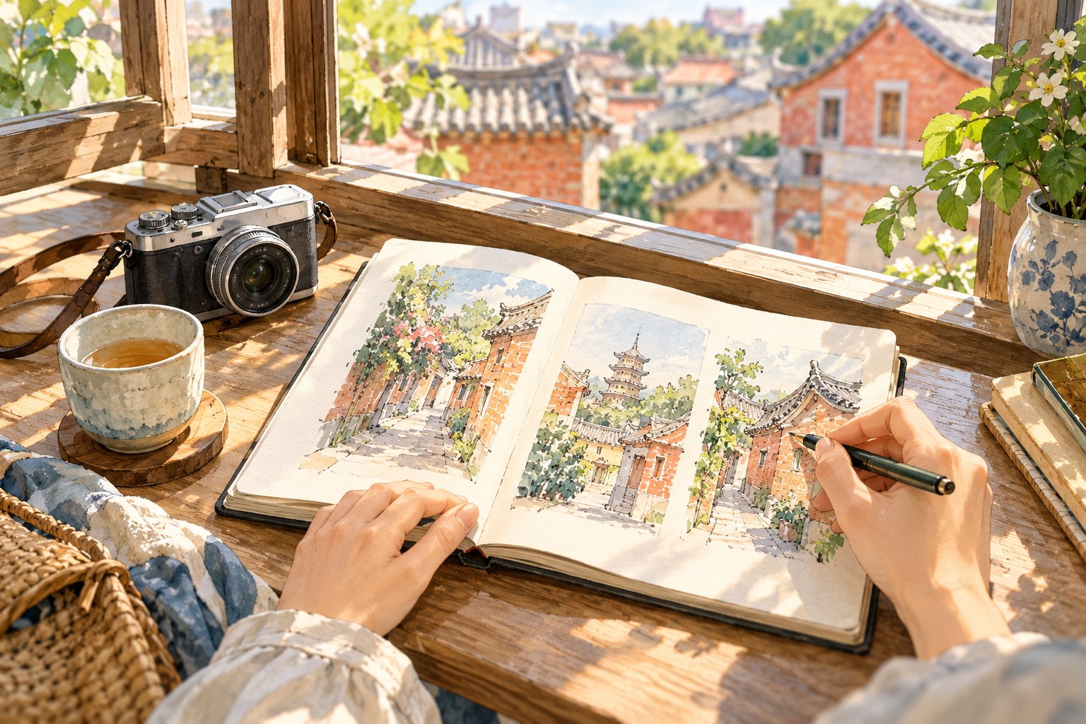 旅行准备主题插画:窗边桌上摆着相机与茶杯,旅行者在手账中描绘闽南街巷