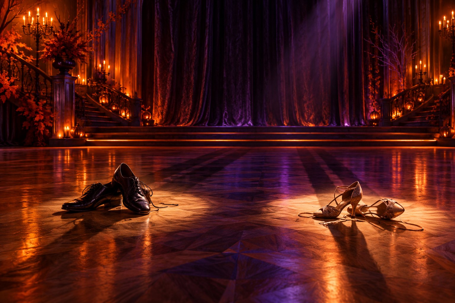 Conceptual illustration of two pairs of dance shoes beneath spotlights in an empty ballroom with orange and violet lighting.