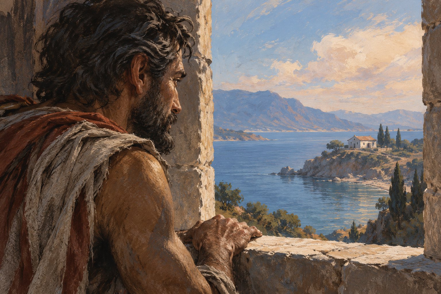 Conceptual illustration of a weathered ancient traveler looking across the sea toward a distant coastal home.